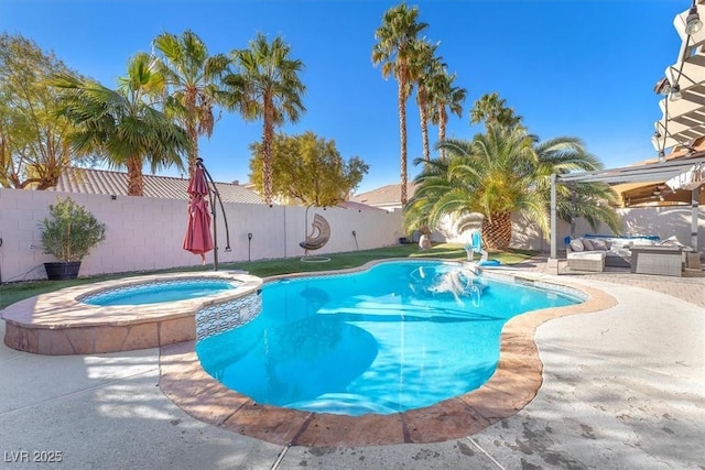 10113 Walhalla Plateau Ct, Las Vegas, NV 89148 - view of pool with an outdoor hangout area, a patio, a fenced backyard, and a pool with connected hot tub