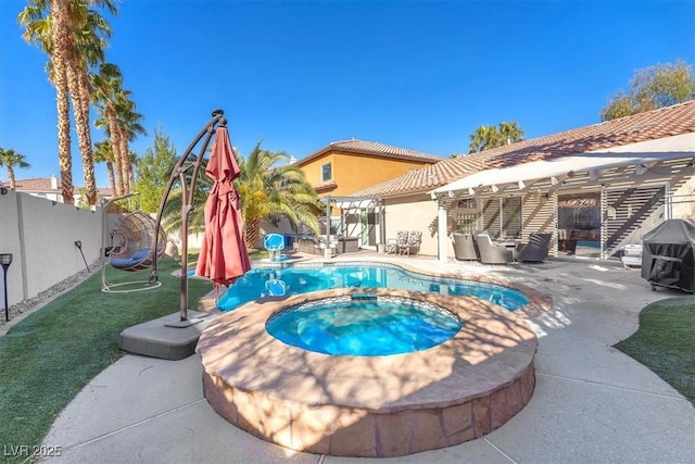 10113 Walhalla Plateau Ct, Las Vegas, NV 89148 - view of swimming pool with an in-ground hot tub, a fenced backyard, a patio area, a pergola, and a grill