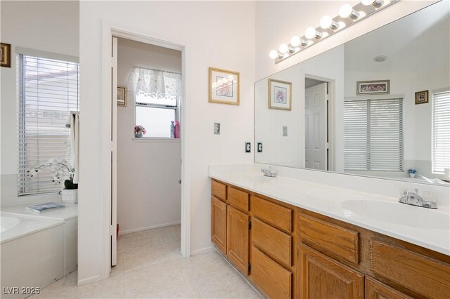 1528 Tonada Way, Las Vegas, NV 89117 - full bath with double vanity, tile patterned floors, healthy amount of natural light, and a bath