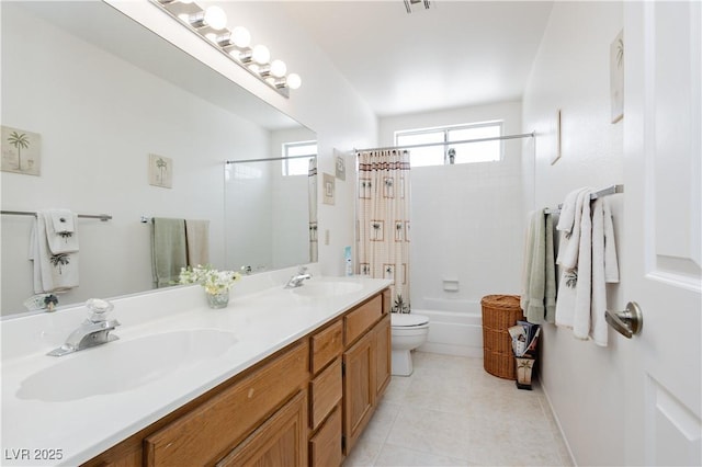 1528 Tonada Way, Las Vegas, NV 89117 - bathroom featuring double vanity, shower / tub combo, toilet, and tile patterned floors
