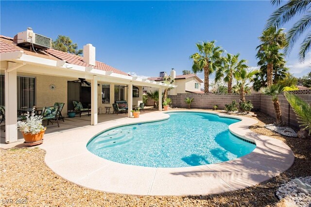 1528 Tonada Way, Las Vegas, NV 89117 - view of swimming pool featuring a fenced backyard, a patio, ceiling fan, and central air condition unit