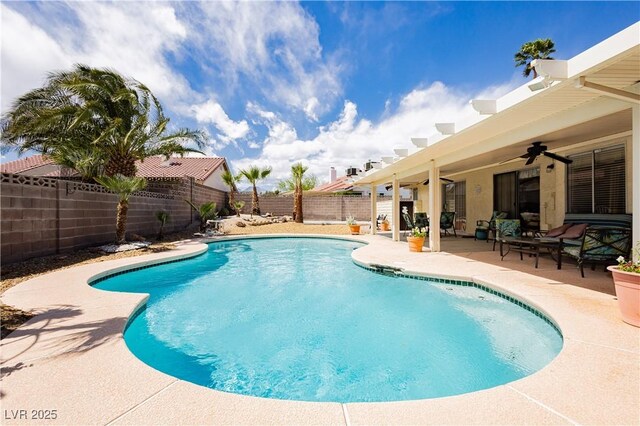1528 Tonada Way, Las Vegas, NV 89117 - view of swimming pool with a fenced backyard, a ceiling fan, and a patio area