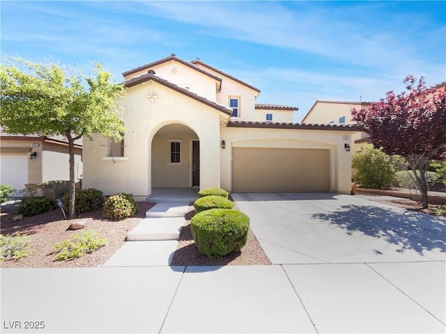 10331 Northern Hills Ave, Las Vegas, NV 89166 - mediterranean / spanish-style house featuring a tile roof, concrete driveway, a garage, and stucco siding