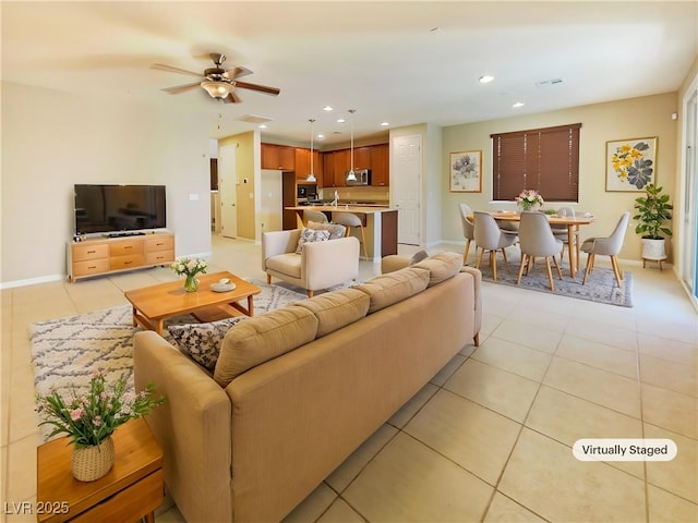 10331 Northern Hills Ave, Las Vegas, NV 89166 - living room with baseboards, light tile patterned flooring, ceiling fan, and recessed lighting