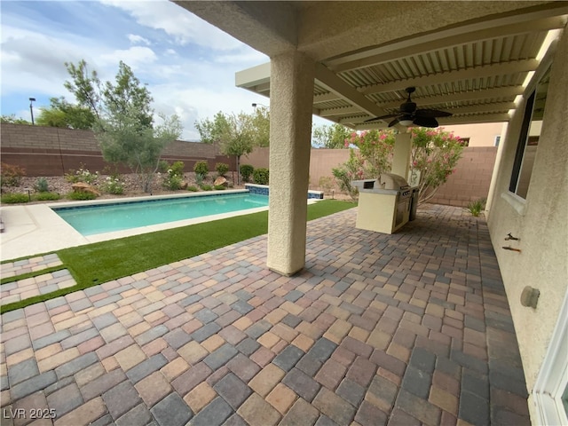 10331 Northern Hills Ave, Las Vegas, NV 89166 - view of swimming pool featuring a patio area, a fenced backyard, grilling area, a fenced in pool, and a ceiling fan