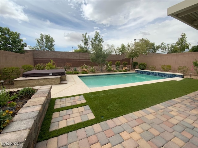 10331 Northern Hills Ave, Las Vegas, NV 89166 - view of swimming pool with a covered hot tub, a patio, a lawn, a fenced backyard, and a fenced in pool