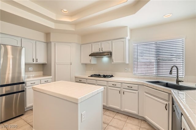 427 Rhythm St, Henderson, NV 89074 - kitchen with a sink, stainless steel appliances, under cabinet range hood, tile counters, and a tray ceiling