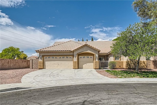 427 Rhythm St, Henderson, NV 89074 - ranch-style home featuring a tile roof, fence, an attached garage, and stucco siding