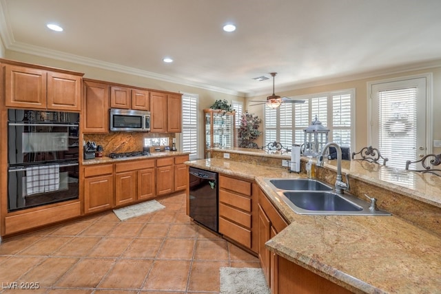 10314 Premia Pl, Las Vegas, NV 89135 - kitchen featuring brown cabinetry, ornamental molding, a sink, decorative backsplash, and black appliances