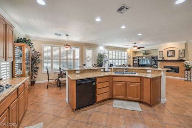 10314 Premia Pl, Las Vegas, NV 89135 - kitchen with a sink, visible vents, dishwasher, ceiling fan, and a glass covered fireplace