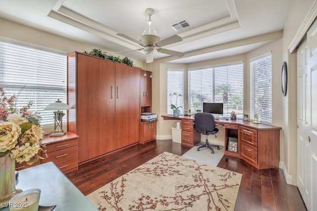 10314 Premia Pl, Las Vegas, NV 89135 - office space featuring ceiling fan, visible vents, a raised ceiling, and dark wood-type flooring