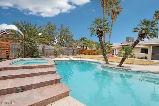 3155 Duneville St, Las Vegas, NV 89146 - view of pool featuring a fenced backyard, an in ground hot tub, a fenced in pool, and a diving board