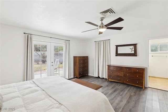 3155 Duneville St, Las Vegas, NV 89146 - bedroom featuring french doors, ceiling fan, visible vents, wood finished floors, and access to exterior