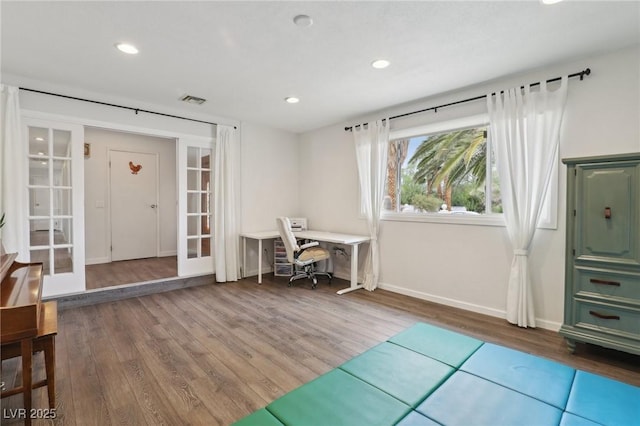 3155 Duneville St, Las Vegas, NV 89146 - office area featuring french doors, recessed lighting, baseboards, visible vents, and wood finished floors