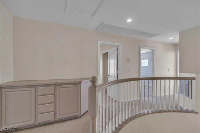 1717 Double Arch Ct, Las Vegas, NV 89128 - hall featuring recessed lighting, light carpet, an upstairs landing, and visible vents