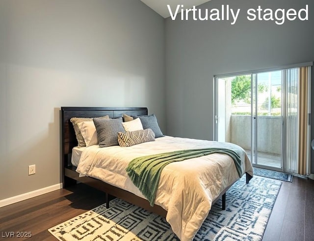 1881 W Alexander Rd Unit 1035, North Las Vegas, NV 89032 - bedroom featuring high vaulted ceiling, access to outside, wood finished floors, and baseboards