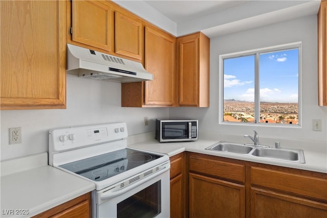 2191 Bay Club Dr Unit 204, Laughlin, NV 89029 - kitchen featuring under cabinet range hood, white electric stove, stainless steel microwave, a sink, and light countertops