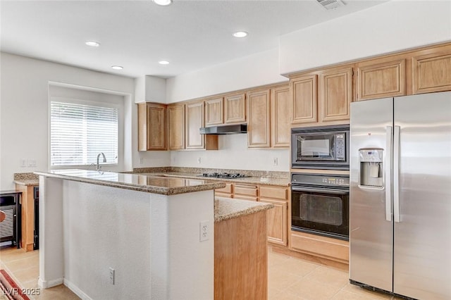 kitchen featuring black appliances, recessed lighting, under cabinet range hood, light tile patterned floors, and light stone countertops