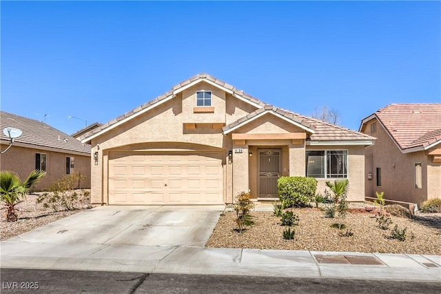 8136 Shady Glen Ave, Las Vegas, NV 89131 - single story home featuring concrete driveway, a tiled roof, a garage, and stucco siding