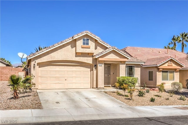 8136 Shady Glen Ave, Las Vegas, NV 89131 - ranch-style home with stucco siding, driveway, a tile roof, and a garage