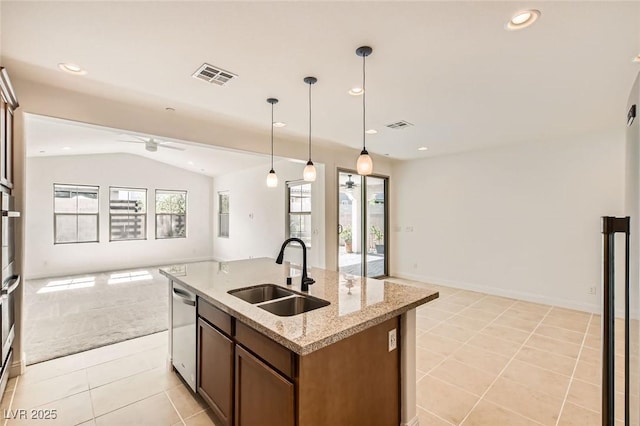 632 Cadence Vista Dr, Henderson, NV 89011 - kitchen with a sink, open floor plan, vaulted ceiling, stainless steel dishwasher, and a ceiling fan
