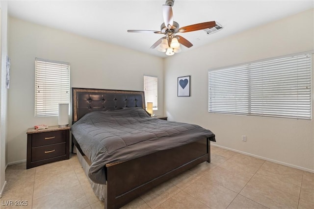 bedroom with baseboards, light tile patterned floors, visible vents, and multiple windows
