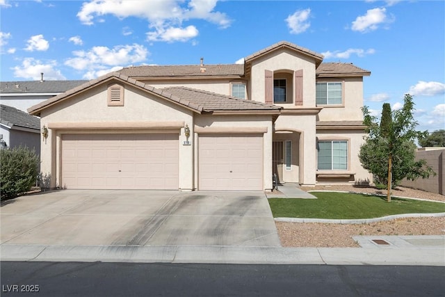 view of front of property featuring an attached garage, a tiled roof, stucco siding, a front lawn, and driveway