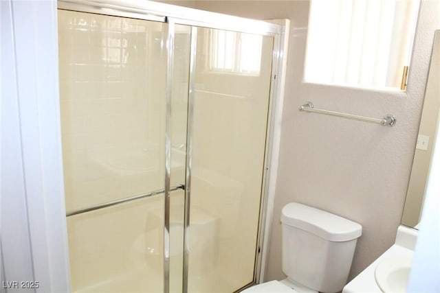 bathroom with a stall shower and toilet