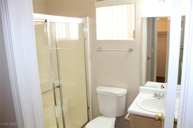bathroom with a shower stall, toilet, and vanity