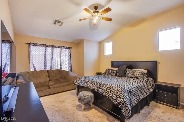 6274 Elderberry Wine Ave, Las Vegas, NV 89142 - bedroom featuring carpet flooring, visible vents, lofted ceiling, and ceiling fan