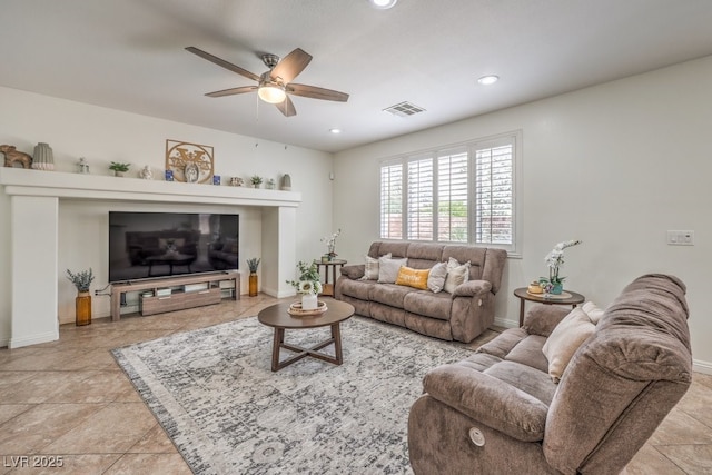 10294 Running Falls St, Las Vegas, NV 89178 - living room with a ceiling fan, baseboards, recessed lighting, and tile patterned floors