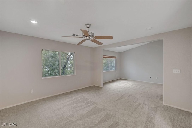 spare room featuring carpet flooring, a ceiling fan, baseboards, and recessed lighting