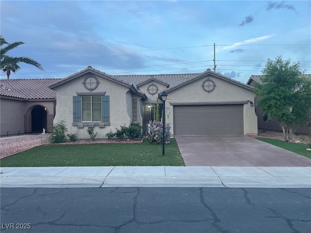 3562 Driving Range St, Las Vegas, NV 89122 - view of front of property featuring an attached garage, stucco siding, concrete driveway, a front yard, and a tile roof