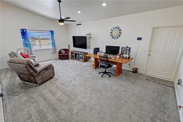 carpeted home office featuring lofted ceiling, baseboards, a ceiling fan, and recessed lighting