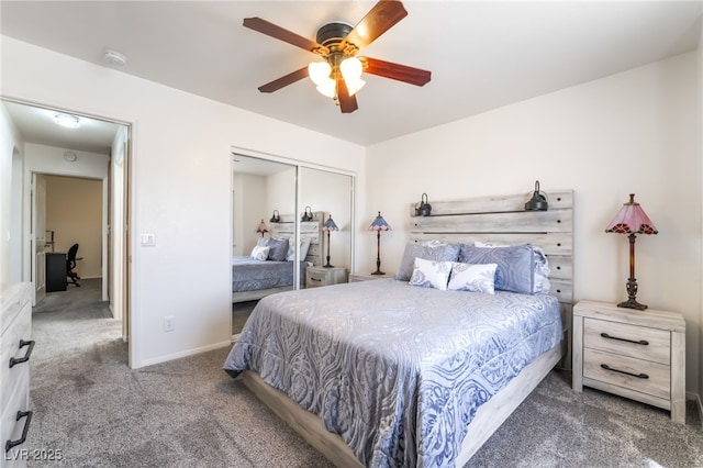 2650 Sagebrush Ave, Pahrump, NV 89048 - bedroom featuring carpet floors, a closet, ceiling fan, and baseboards