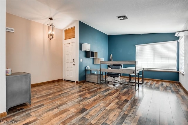 5242 Dickens Dr, Las Vegas, NV 89119 - office area featuring a chandelier, visible vents, wood finished floors, and baseboards