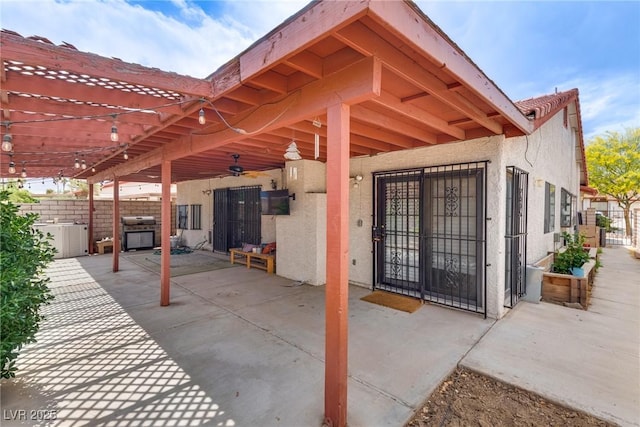 5242 Dickens Dr, Las Vegas, NV 89119 - view of patio / terrace featuring a pergola, fence, ceiling fan, and grilling area