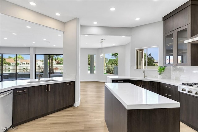 2589 Sun Reef Rd, Las Vegas, NV 89128 - kitchen with stainless steel dishwasher, light wood-style flooring, dark brown cabinets, healthy amount of natural light, and recessed lighting