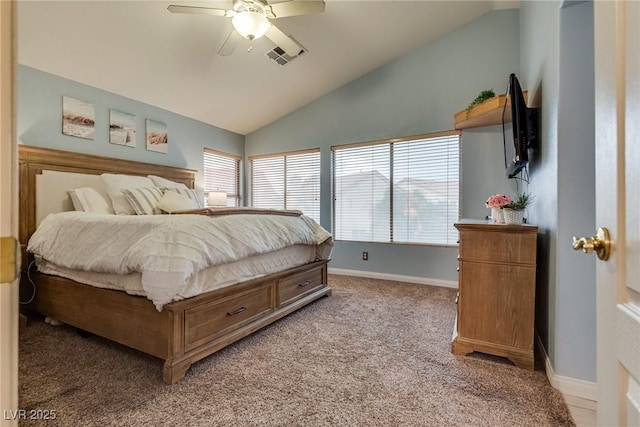 bedroom featuring visible vents, vaulted ceiling, ceiling fan, light carpet, and baseboards
