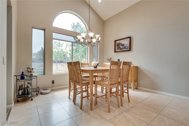 dining space with light tile patterned flooring, a notable chandelier, high vaulted ceiling, and a healthy amount of sunlight