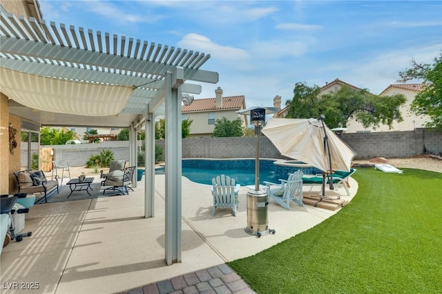 view of swimming pool featuring a pergola, a fenced in pool, a fenced backyard, and a patio