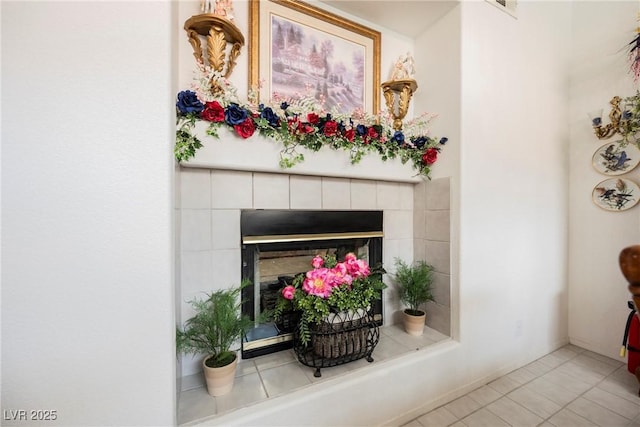 room details with a tiled fireplace