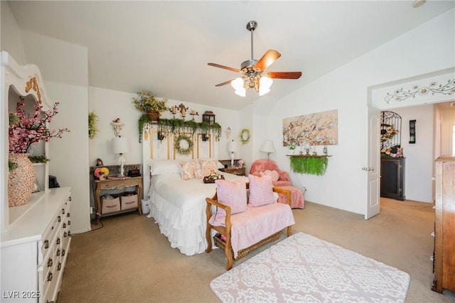 bedroom with lofted ceiling, light carpet, and a ceiling fan