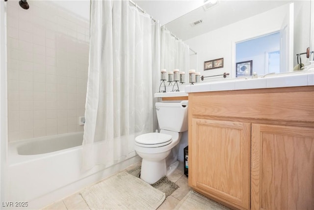 full bath featuring toilet, vanity, visible vents, tile patterned flooring, and shower / bath combination with curtain