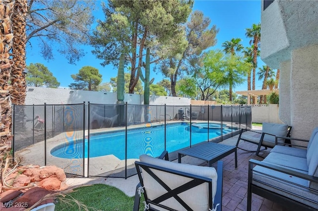 8404 Shore Breeze Dr, Las Vegas, NV 89128 - view of swimming pool featuring a fenced backyard, a patio area, outdoor lounge area, and a pool with connected hot tub