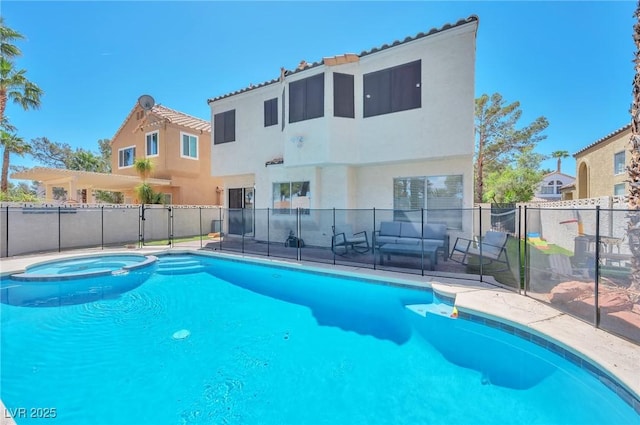 8404 Shore Breeze Dr, Las Vegas, NV 89128 - view of swimming pool featuring fence, a pool with connected hot tub, and outdoor lounge area