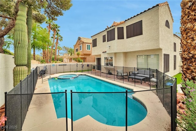 8404 Shore Breeze Dr, Las Vegas, NV 89128 - view of pool featuring fence, an outdoor living space, a patio, and a pool with connected hot tub