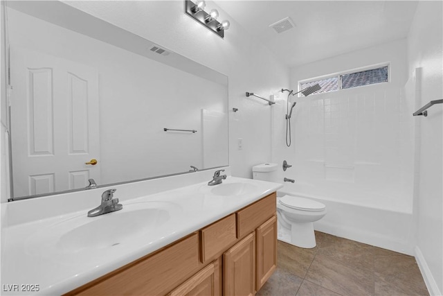 full bath featuring toilet, visible vents, a sink, and double vanity