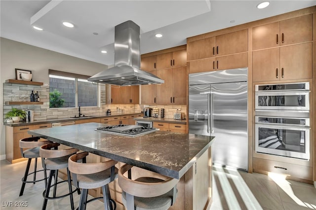 819 Bolide St, Las Vegas, NV 89138 - kitchen featuring stainless steel appliances, island exhaust hood, open shelves, tasteful backsplash, and recessed lighting