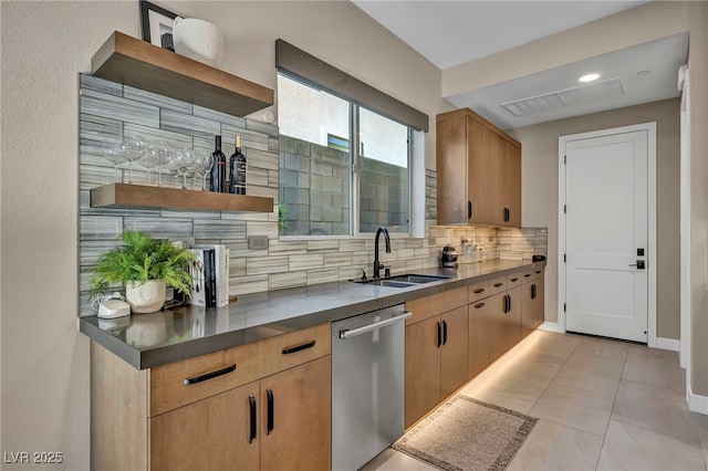 819 Bolide St, Las Vegas, NV 89138 - kitchen featuring a sink, dishwasher, backsplash, open shelves, and dark countertops